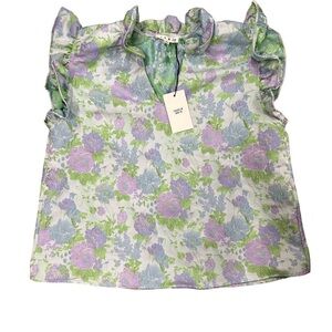 THML Womens XL Ruffle Sleeve & Neck Light Blue & Purple Floral Top Blouse
